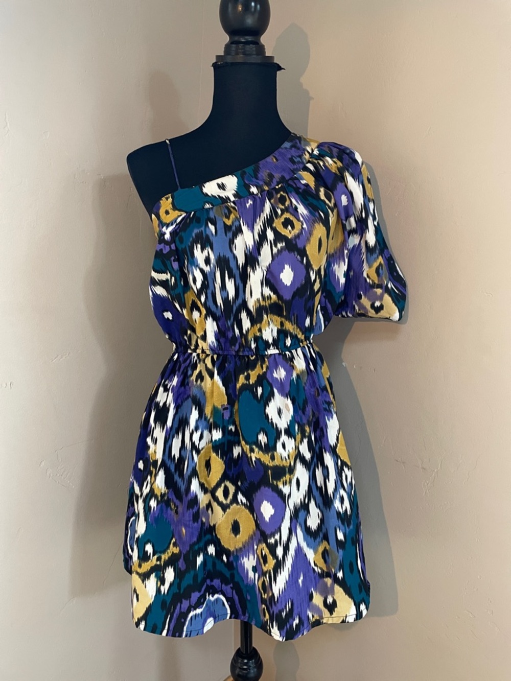 Angie One Shoulder Printed Dress, Size Small, Purple, Black, Blue, Gold, Teal